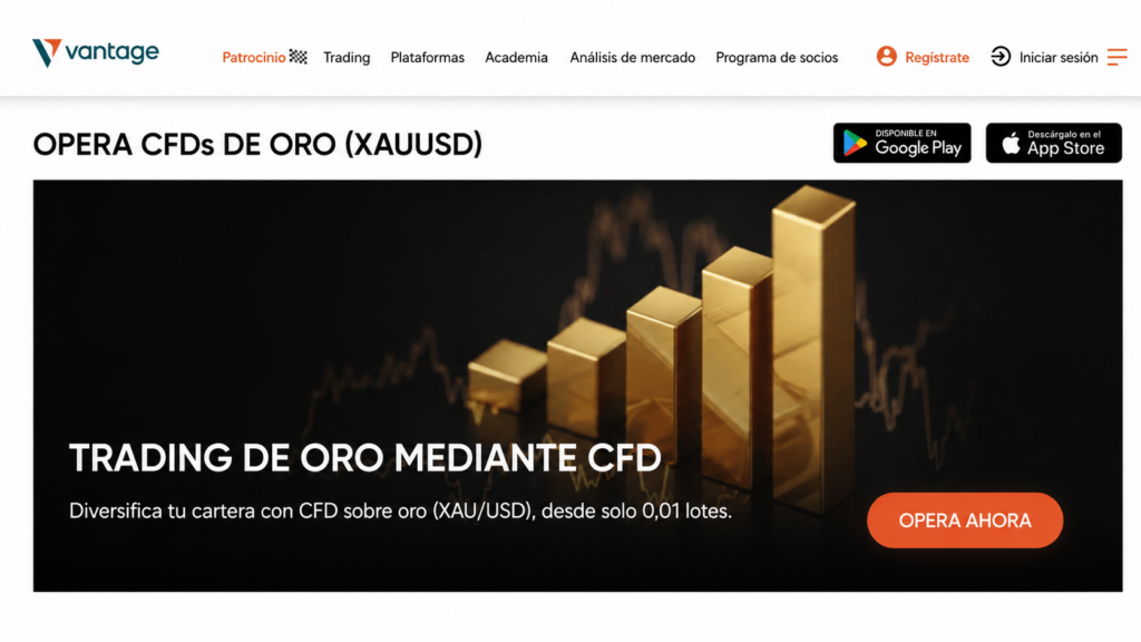screenshot of gold trading via CFDs on Vantage Markets