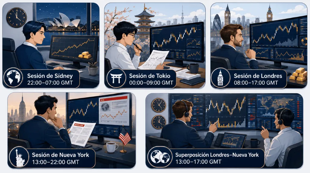 Ilustración de las sesiones populares de trading de oro por zona horaria – Vantage Markets