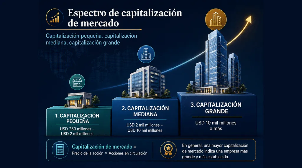 Imagen 1: Infografía — Espectro de capitalización bursátil: pequeña, mediana y gran capitalización Vantage Markets