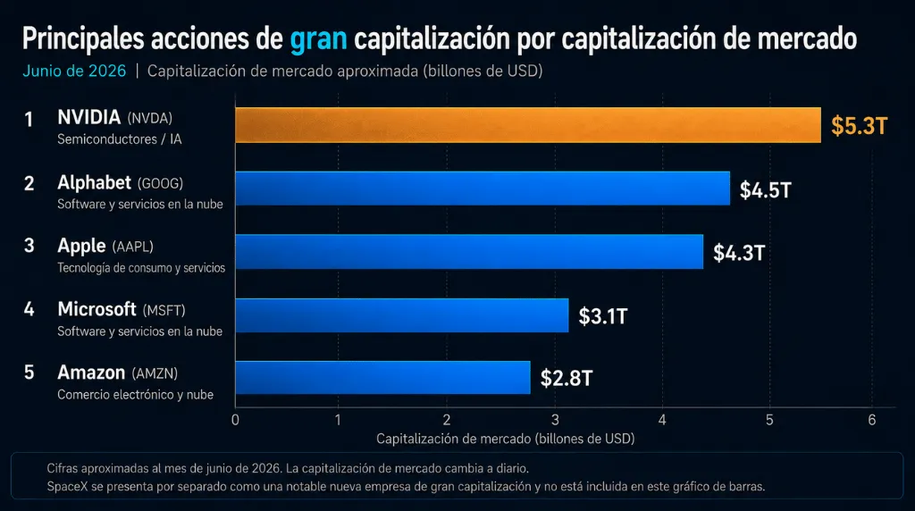 Imagen 2: Gráfico de barras — Las 6 principales acciones de gran capitalización por capitalización bursátil, junio de 2026 Vantage Markets