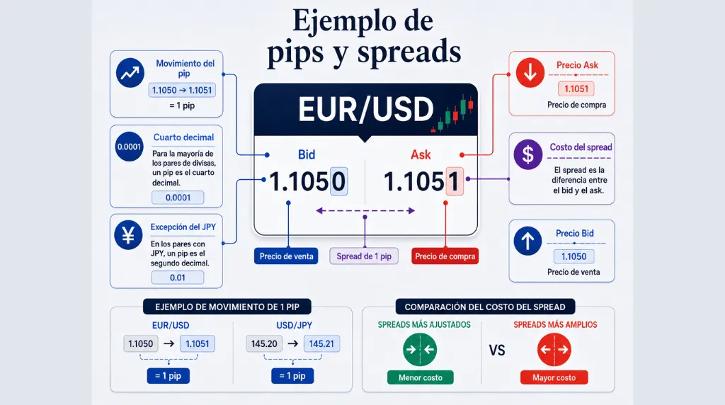 Infografía que explica los pips y los spreads en el mercado de divisas (Forex) utilizando el par EUR/USD; muestra un precio de compra (*bid*) de 1,1050, un precio de venta (*ask*) de 1,1051 y un spread de 1 pip, además de ejemplos de movimientos de pips para los pares EUR/USD y USD/JPY