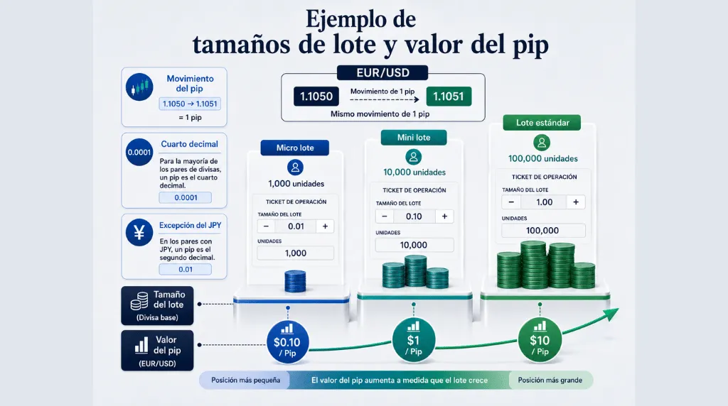 Infografía que explica los pips y los spreads en el mercado de divisas (Forex) utilizando el par EUR/USD; muestra un precio de compra (*bid*) de 1,1050, un precio de venta (*ask*) de 1,1051 y un spread de 1 pip, además de ejemplos de movimientos de pips para los pares EUR/USD y USD/JPY