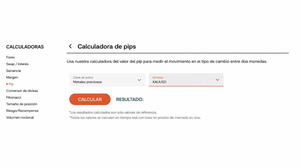 Calculadora de trading de pips para XAU/USD de Vantage