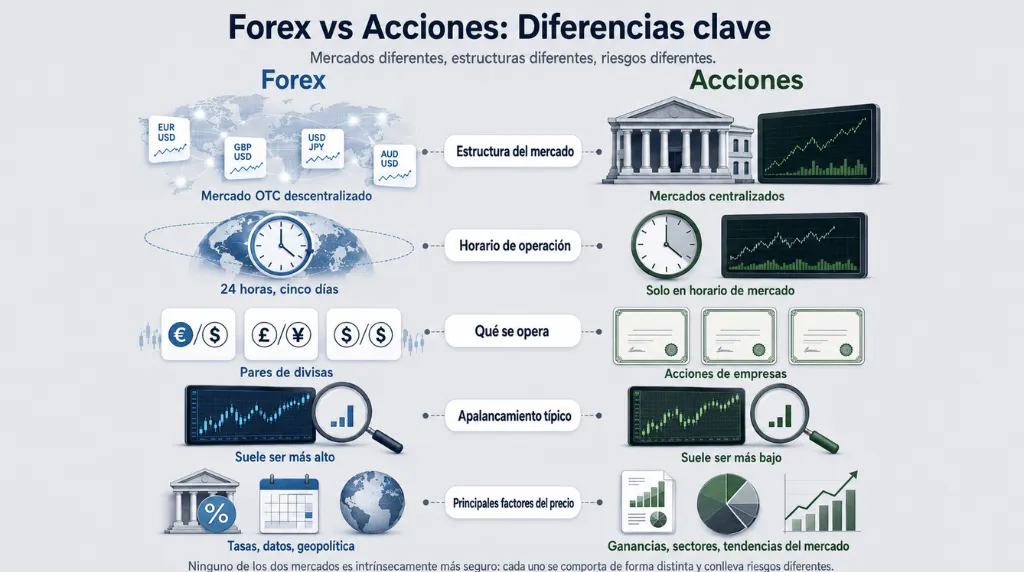 Infografía que compara el mercado de divisas (Forex) y el de acciones a través de cinco diferencias clave: estructura del mercado, horario de negociación, instrumentos negociados, apalancamiento típico y principales factores que determinan los precios. El Forex se presenta como un mercado descentralizado extrabursátil (OTC) de pares de divisas, abierto las 24 horas del día durante cinco días a la semana, que a menudo ofrece un mayor apalancamiento y cuyos precios dependen de los tipos de interés, los datos económicos y la geopolítica. Por su parte, las acciones se muestran como títulos de propiedad de empresas negociados en mercados centralizados, con horarios de cotización específicos, un apalancamiento generalmente menor y precios influidos por factores como los resultados empresariales, los sectores y las tendencias del mercado