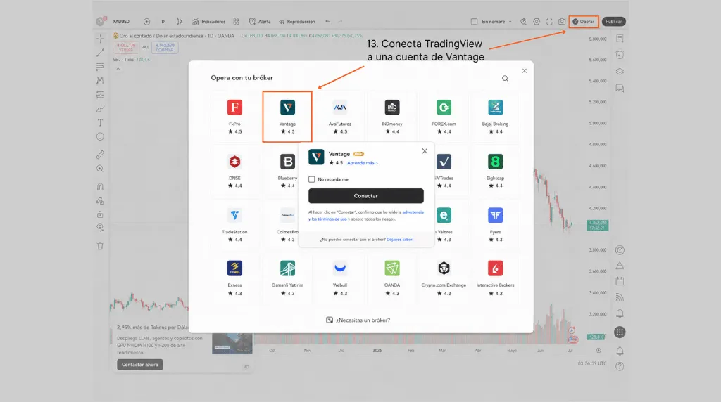 Cómo operar con oro en TradingView: paso 13, conectar TradingView a una cuenta de Vantage para operar con oro.