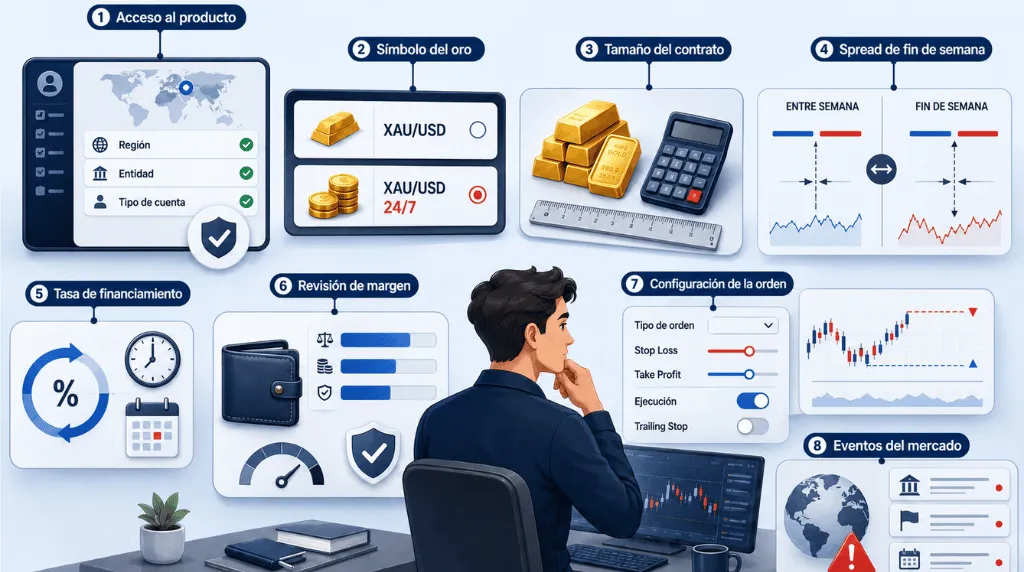 Infografía sobre la lista de verificación de Vantage Markets para operar con oro durante el fin de semana antes de abrir una posición