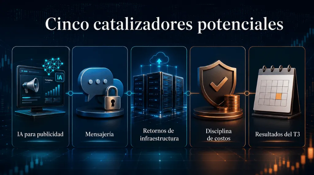 Cinco posibles catalizadores para las acciones de Meta, incluyendo la IA aplicada a la publicidad, la mensajería y los resultados del tercer trimestre.