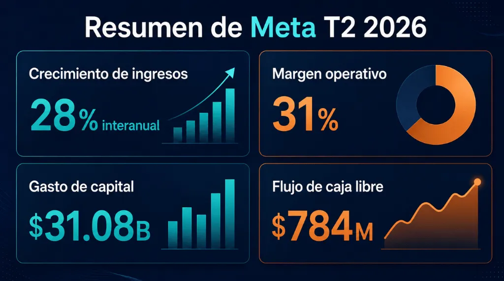 Crecimiento de los ingresos, margen operativo, gastos de capital y flujo de caja libre de Meta en el segundo trimestre de 2026