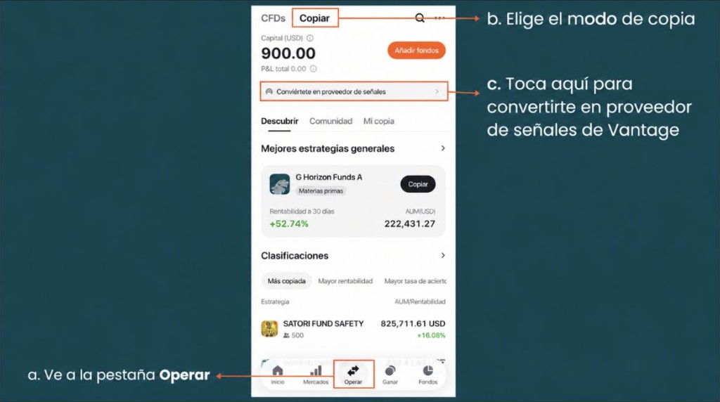 mobile screen showing how to become signal provider on Vantage
