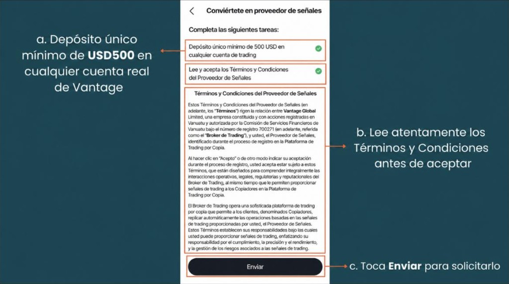 mobile screen showing terms and conditions to become Vantage signal provider