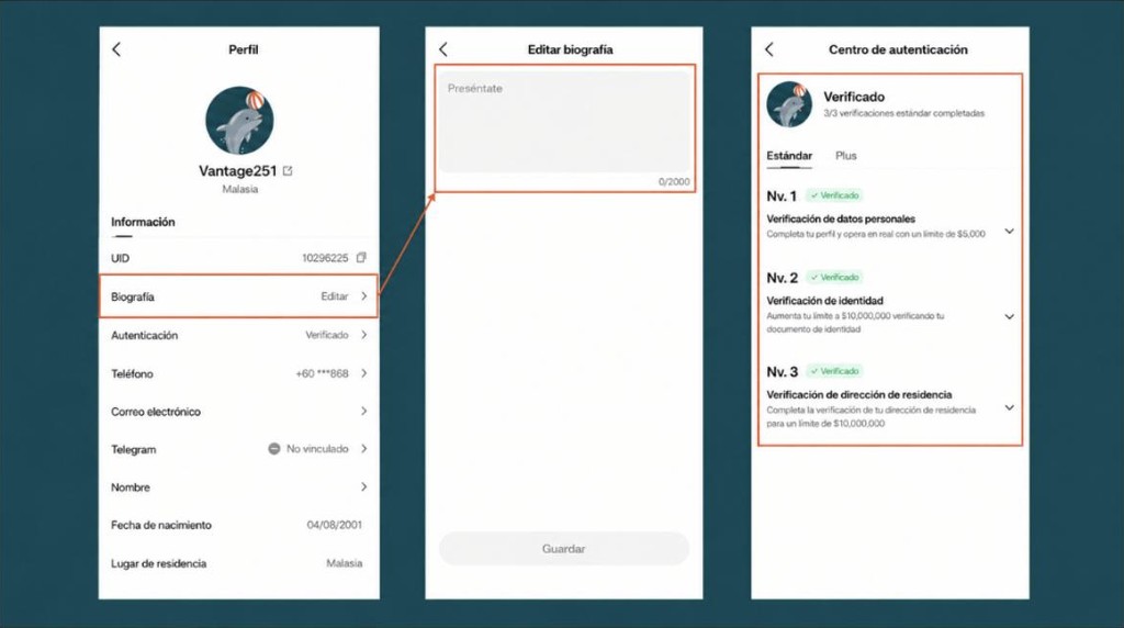 mobile screens to complete Vantage Signal Provider profile and verification