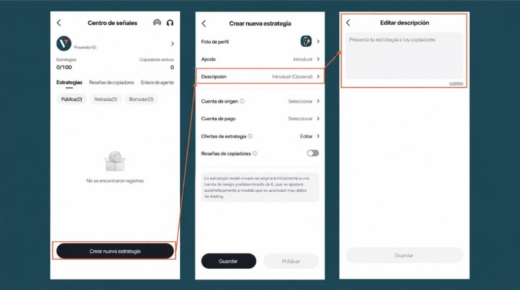 mobile screens show how to create new strategy for Vantage Signal Provider