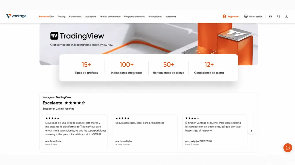 Captura de pantalla de la integración de TradingView en el sitio web de Vantage Markets, que muestra cómo realizar operaciones de prueba (paper trading) en TradingView.