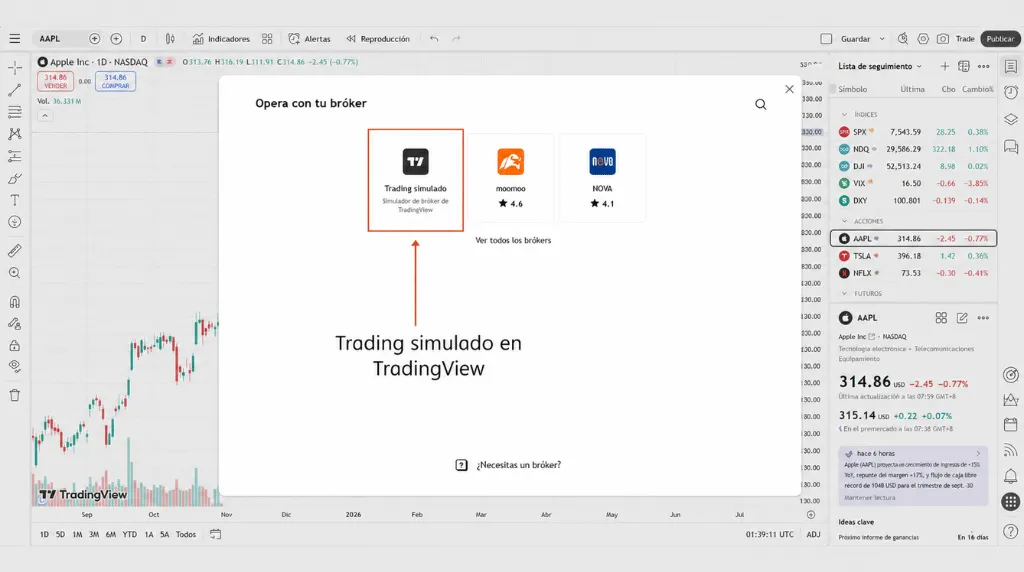 Captura de pantalla de la interfaz de TradingView con el panel de *paper trading* visible, para mostrar cómo realizar operaciones de prueba en TradingView