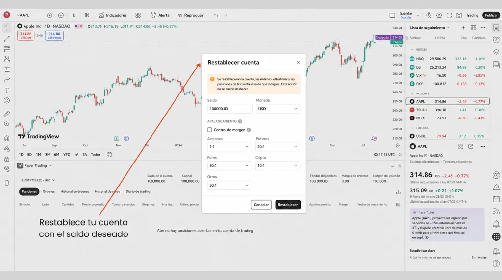 Captura de pantalla de cómo restablecer tu cuenta al saldo deseado en TradingView para realizar operaciones de prueba (paper trading).