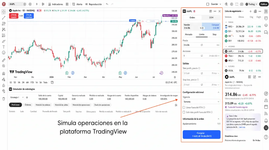 Captura de pantalla de la simulación de operaciones en TradingView para saber cómo practicar trading (paper trading) en la plataforma.
