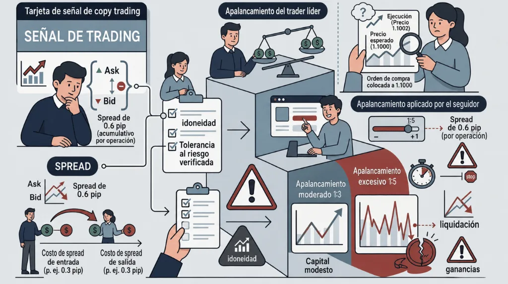 Infografía sobre el riesgo de aplicar un apalancamiento excesivo al copiar a un trader líder.