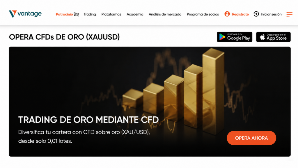 screenshot of gold trading via CFDs on Vantage Markets