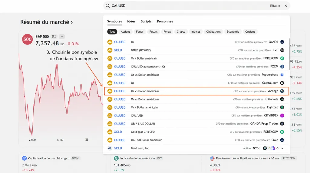 Comment trader l'or sur TradingView – Étape 3 : choisir le bon symbole pour l'or sur TradingView