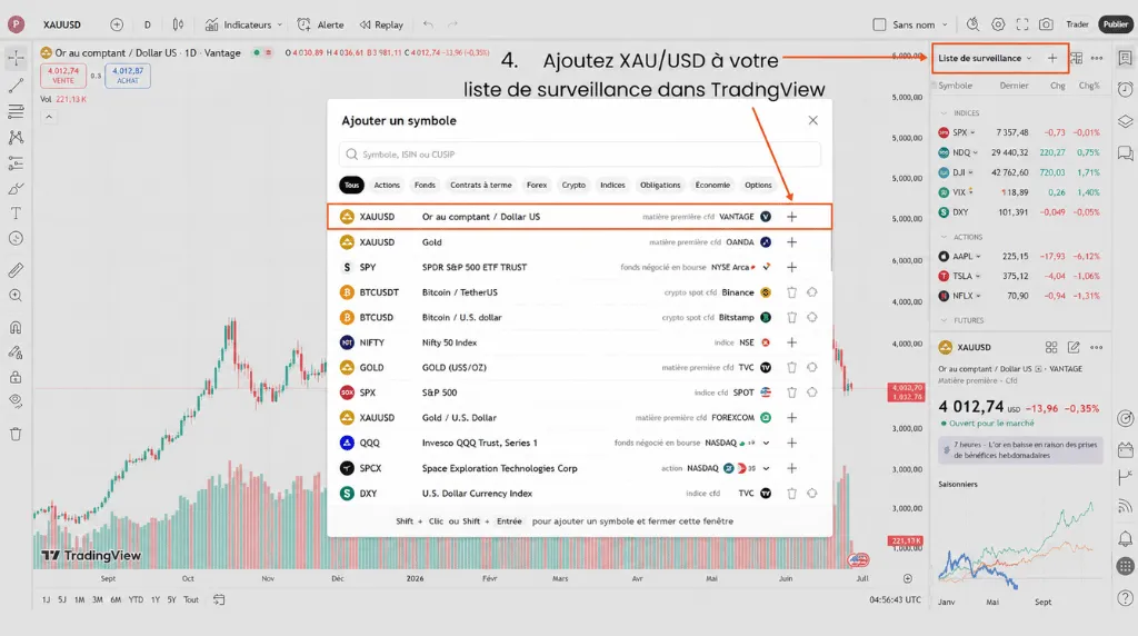 Comment trader l'or sur TradingView – Étape 4 : ajouter XAU/USD à votre liste de suivi sur TradingView.