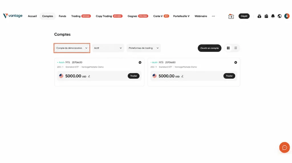 Comment trader l'or – Étape 16 : entraînez-vous d'abord au processus sur un compte de démonstration Vantage Markets.