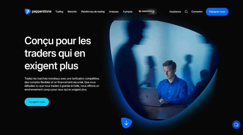 Capture d'écran du site de trading Pepperstone, classé parmi les meilleures plateformes de day trading.