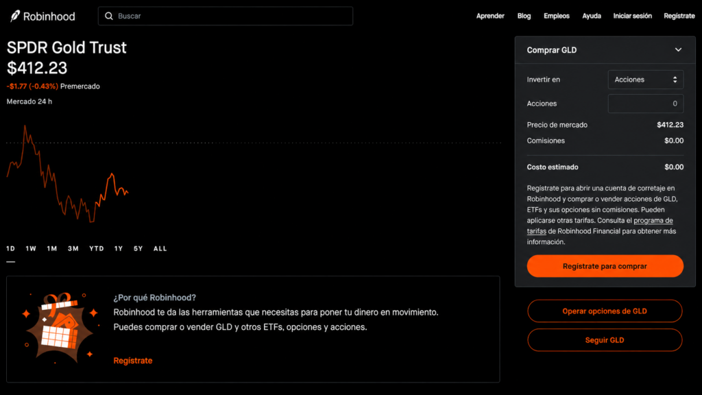 screenshot of SPDR gold price movements on Robinhood platform