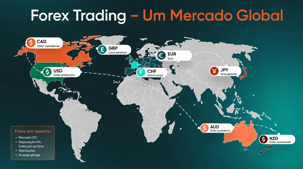 Mapa-múndi mostrando as principais moedas do mercado forex por região — incluindo USD, CAD, GBP, EUR, CHF, JPY, AUD e NZD — no contexto do mercado global de forex, que opera 24 horas por dia, 5 dias por semana.