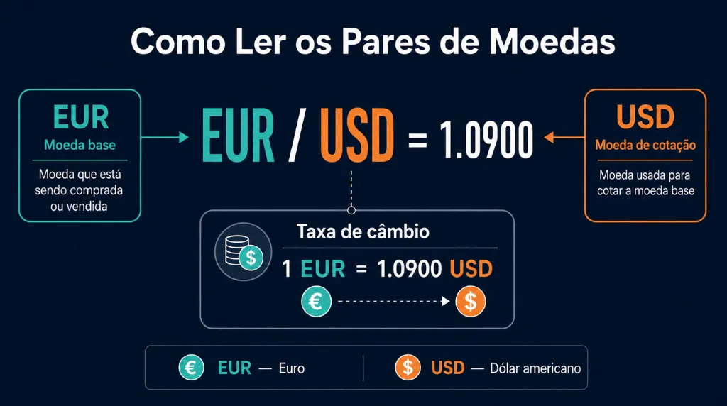 Diagrama que explica o par de moedas EUR/USD, no qual o EUR é a moeda base, o USD é a moeda de cotação e uma taxa de câmbio de 1,0900 significa que um euro equivale a 1,09 dólares americanos.