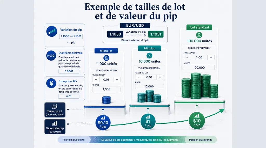 Infográfico que explica os tamanhos de lote no Forex e o valor do pip utilizando o par EUR/USD, mostrando uma variação de 1 pip de 1,1050 para 1,1051 e comparando lotes micro, mini e padrão com valores de pip de US$ 0,10, US$ 1 e US$ 10