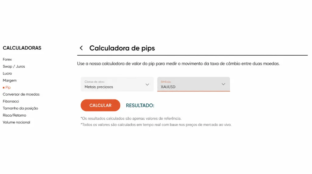 Calculadora de Trading de Pips XAU/USD da Vantage