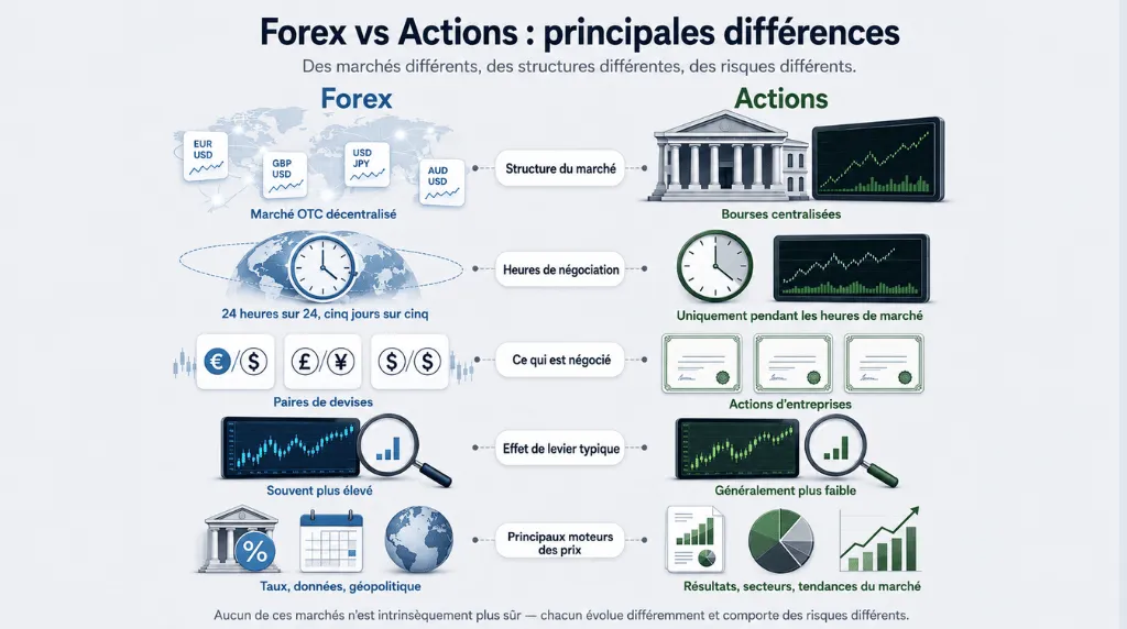 Infográfico que compara o Forex e o mercado de ações com base em cinco diferenças fundamentais: estrutura de mercado, horário de negociação, instrumentos negociados, alavancagem típica e principais fatores que influenciam os preços. O Forex é apresentado como um mercado descentralizado de balcão (OTC) para pares de moedas, aberto 24 horas por dia durante cinco dias, frequentemente com maior alavancagem e impulsionado por taxas, dados e geopolítica. As ações são apresentadas como participações societárias centralizadas e negociadas em bolsa, com horários restritos ao funcionamento da bolsa, geralmente menor alavancagem e preços influenciados por fatores como resultados financeiros, setores e tendências de mercado