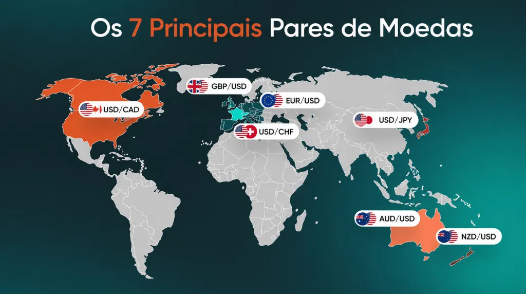 Mapa-múndi mostrando os sete principais pares de moedas: EUR/USD, USD/JPY, GBP/USD, USD/CHF, USD/CAD, AUD/USD e NZD/USD.