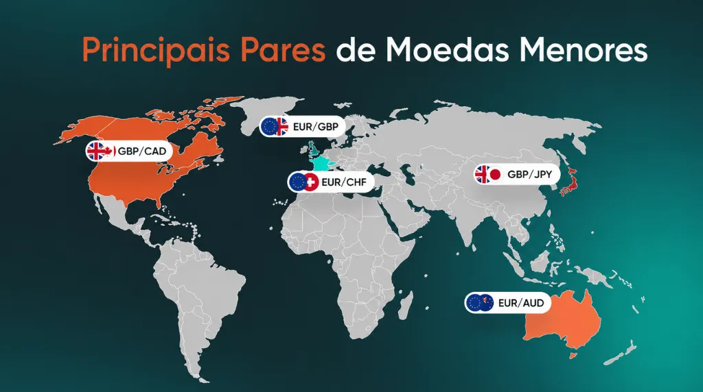 Mapa-múndi mostrando os principais pares de moedas secundários, incluindo GBP/CAD, EUR/GBP, EUR/CHF, GBP/JPY e EUR/AUD.