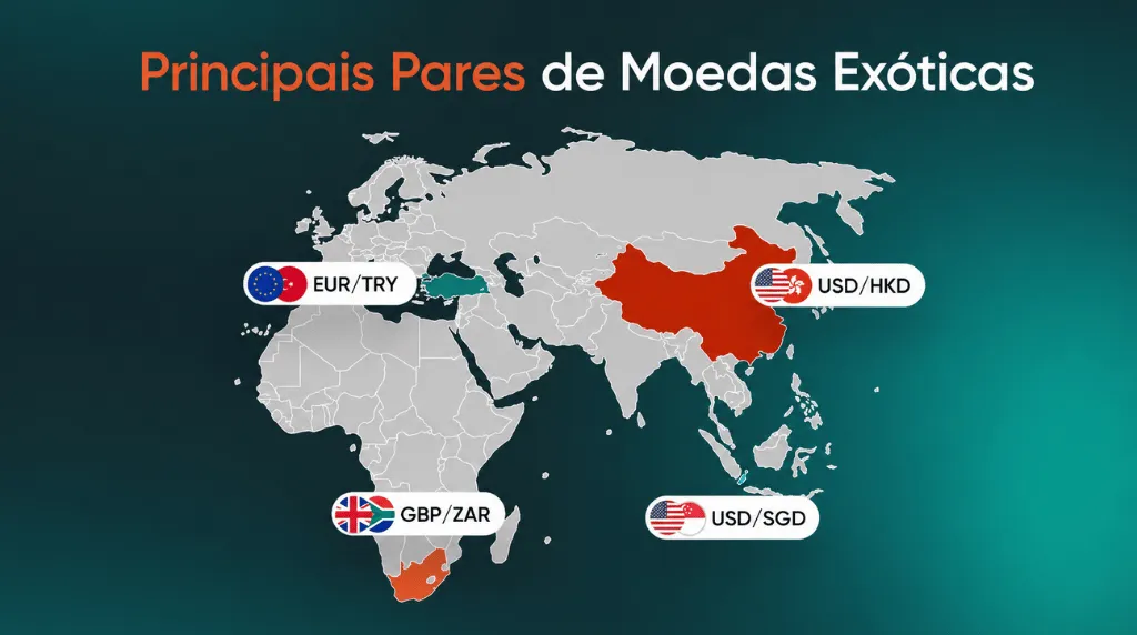 Mapa-múndi mostrando os principais pares de moedas exóticas, incluindo EUR/TRY, USD/HKD, GBP/ZAR e USD/SGD.