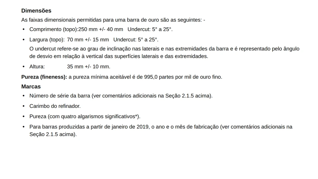 como investir em ouro: dimensões de barras de ouro físico