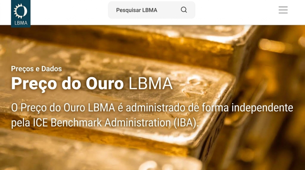 Captura de tela do preço do ouro da LBMA com barras de ouro reais ao fundo.