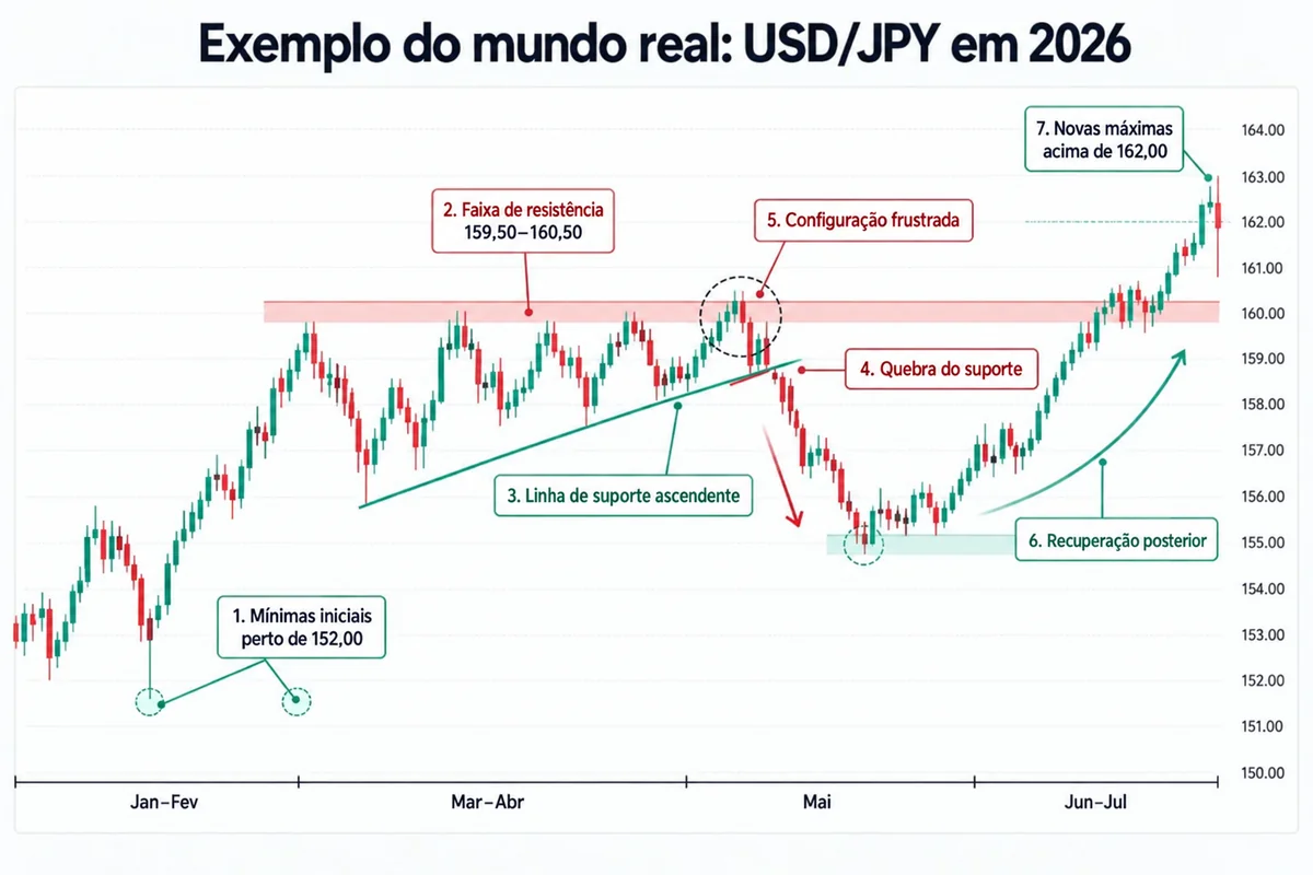 Exemplo real de um padrão de triângulo ascendente no USD/JPY em 2026