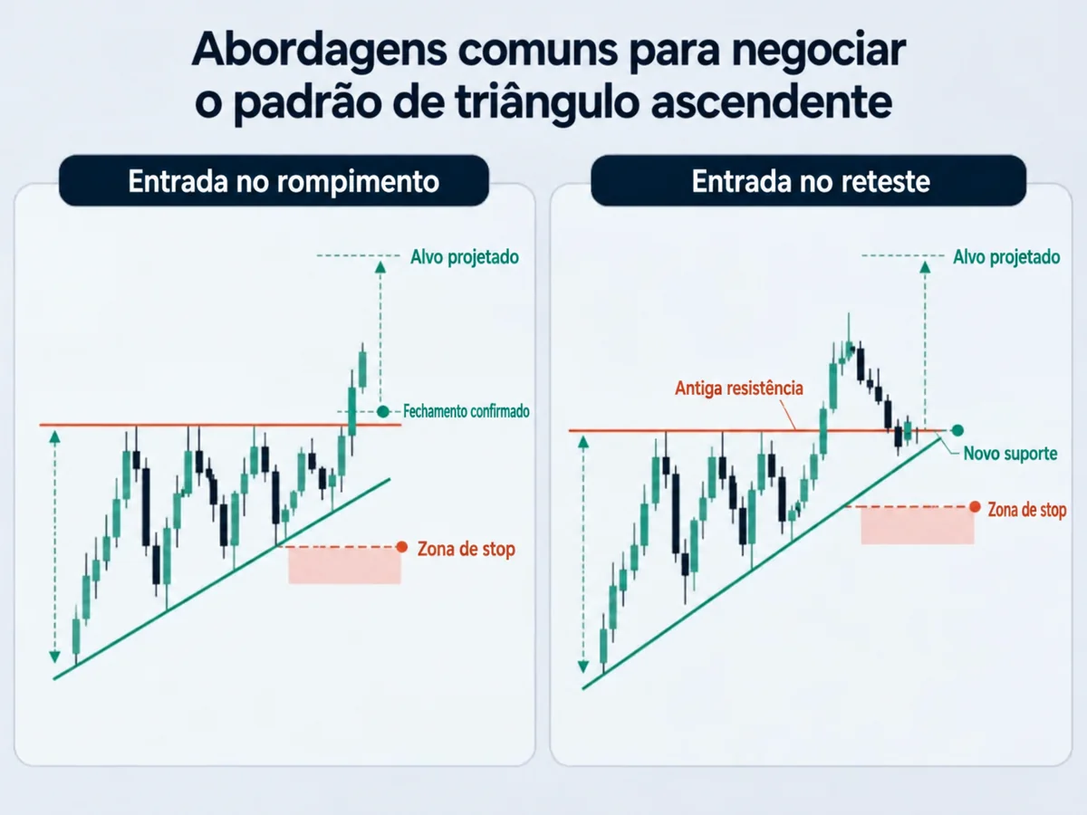 Entrada em rompimento versus entrada em reteste em um triângulo ascendente