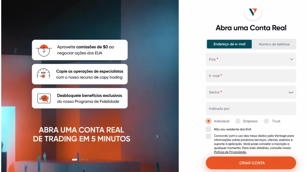 Página da Vantage para abertura de conta real com formulário de cadastro em português