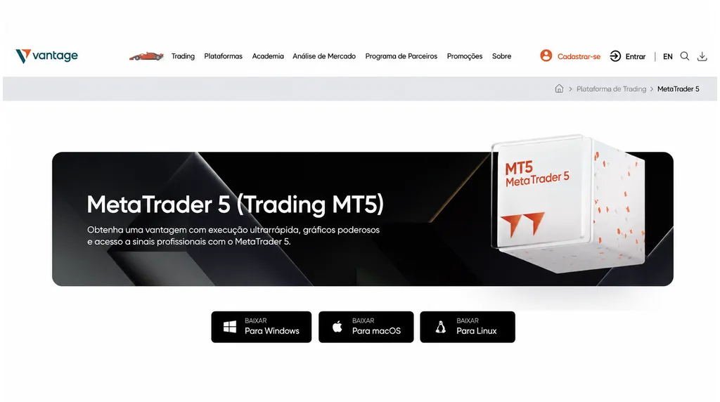 Página da Vantage para download do MetaTrader 5 em Windows, macOS e Linux