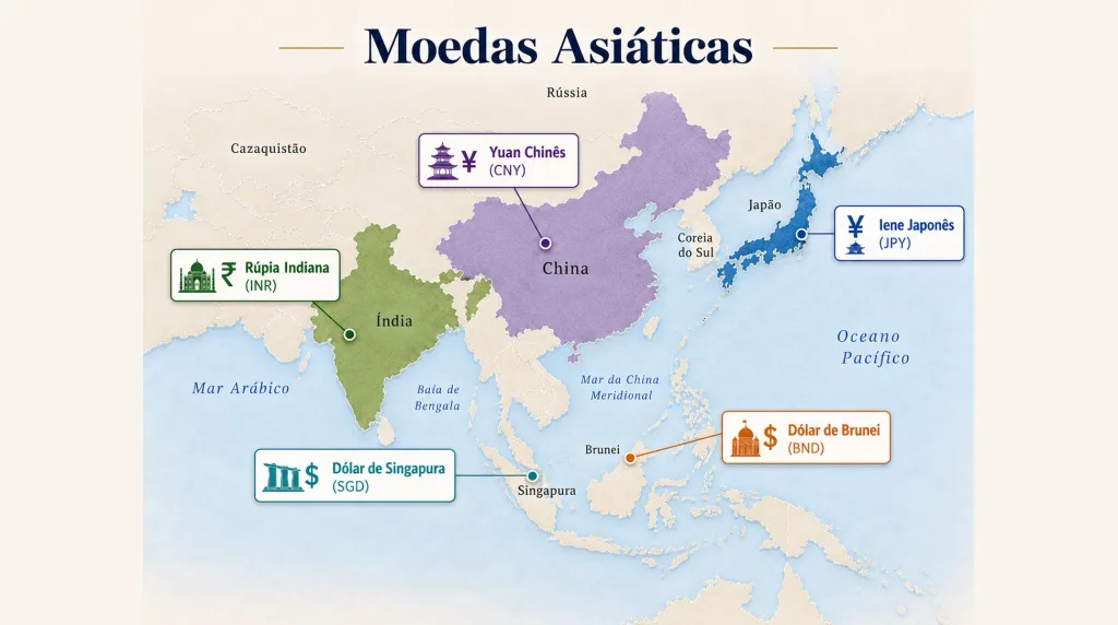 Mapa da Ásia com o yuan chinês, a rupia indiana, o iene japonês, o dólar de Singapura e o dólar de Brunei