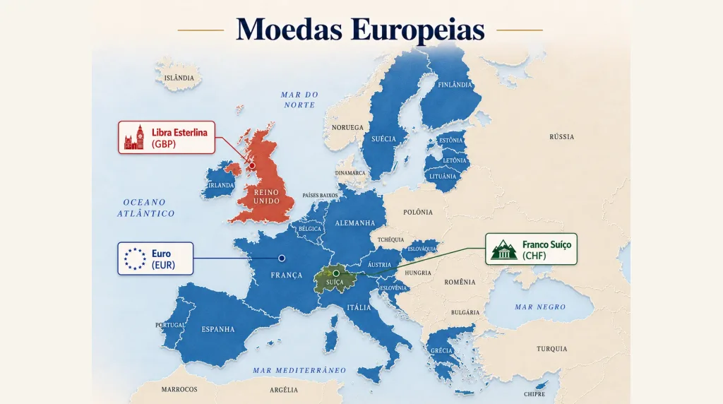 Mapa da Europa com o euro, a libra esterlina e o franco suíço