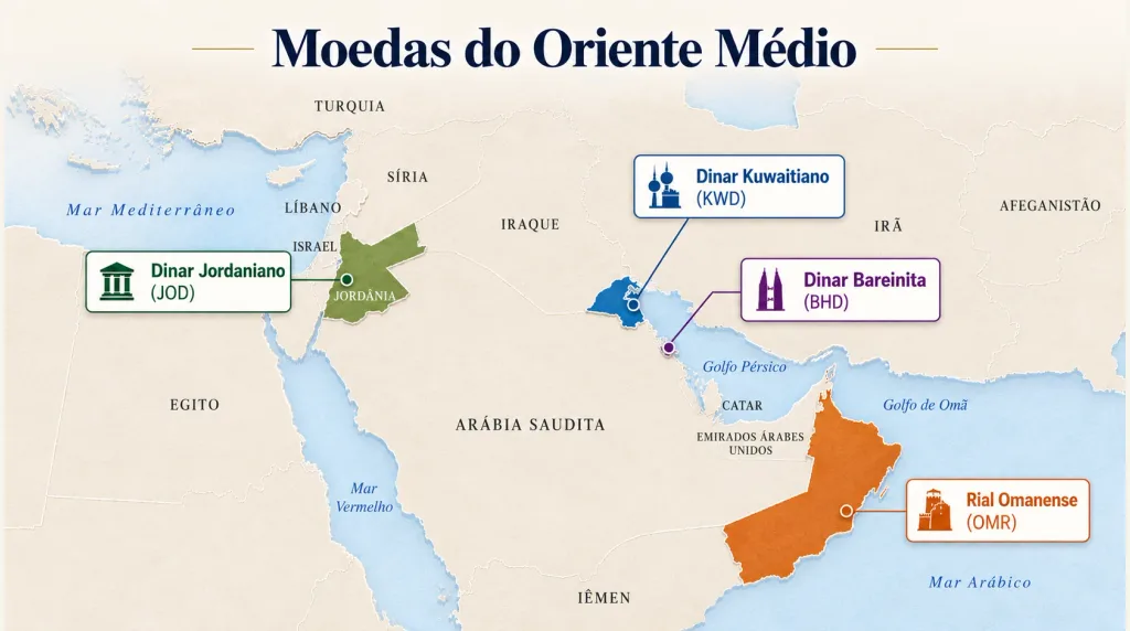 Mapa do Oriente Médio com o dinar jordaniano, o dinar kuwaitiano, o dinar bareinita e o rial omanense