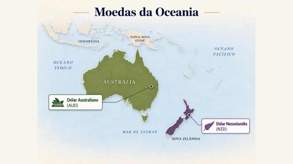Mapa da Oceania com o dólar australiano e o dólar neozelandês