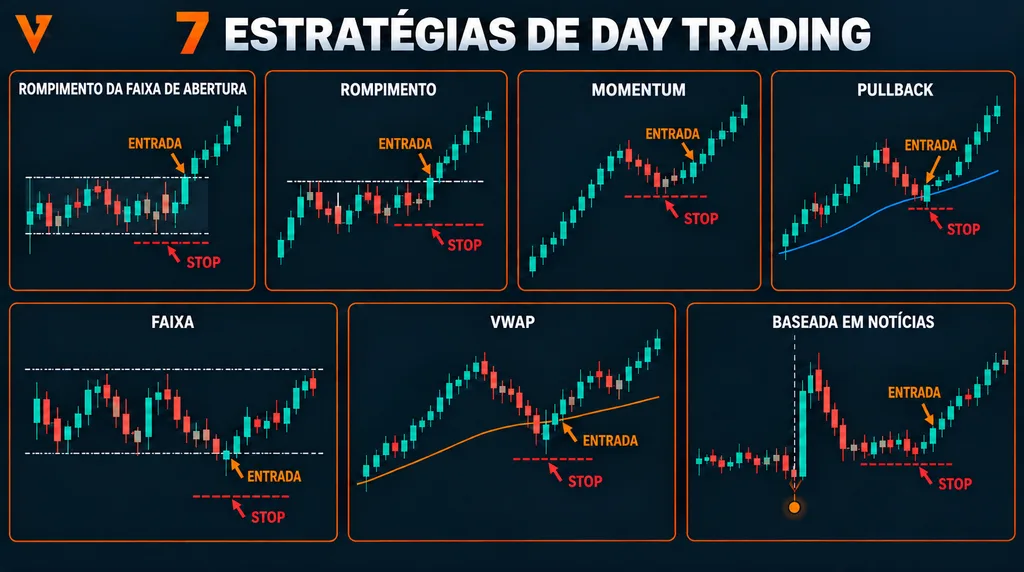Sete gráficos de estratégias de day trading com exemplos de entrada e stop
