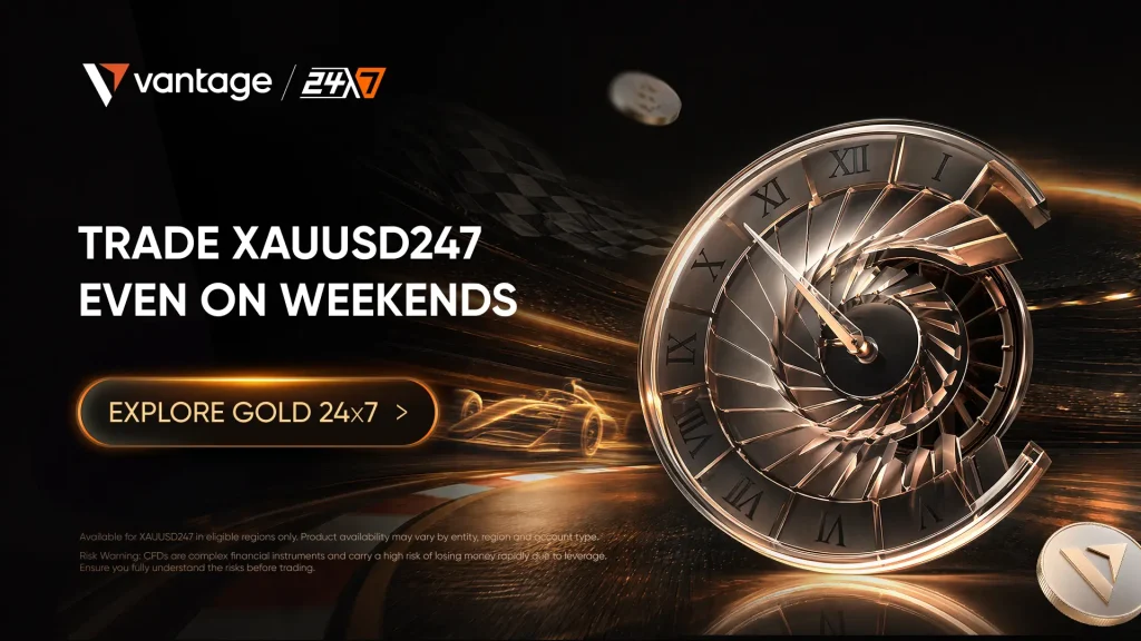 Vantage ad banner with a spiraling gold clock on the right and bold text promoting XAUUSD24/7, plus an orange 'Explore Gold 24x7' button.