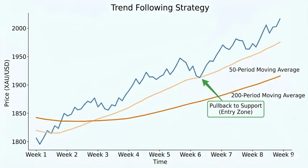 Example of trend following trading strategy for XAU/USD