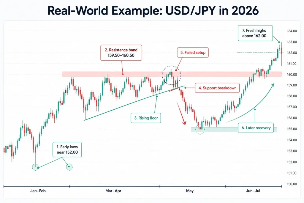 Annotated USD/JPY candlestick chart showing a 2026 ascending triangle attempt, with early lows near 152.00, a resistance band around 159.50–160.50, rising support, a failed setup after support breakdown, later recovery, and fresh highs above 162.00.