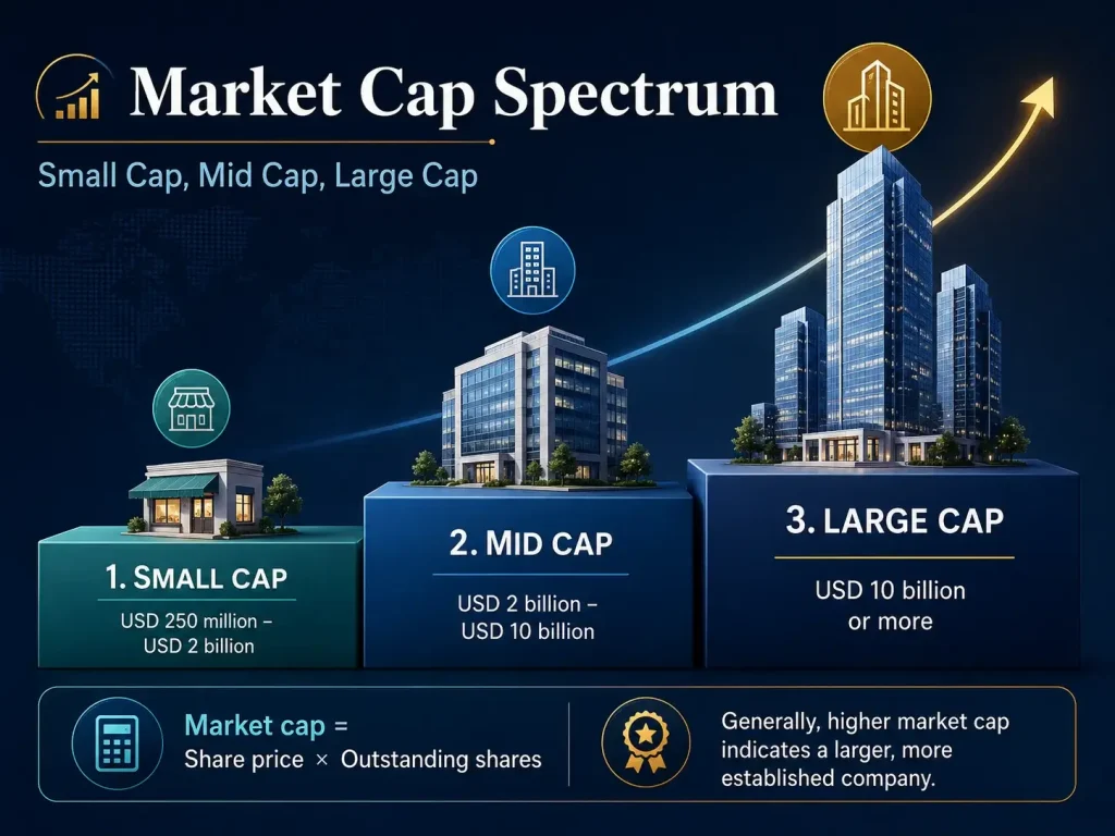 Infographic showing the difference between small market cap, medium market cap and large market cap Vantage Markets